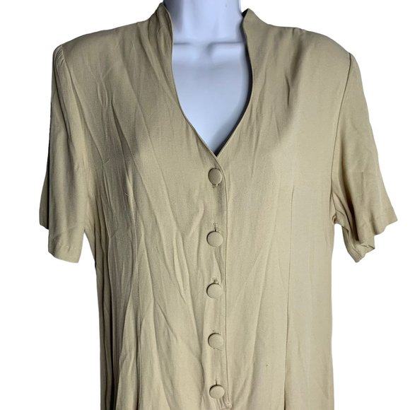 Vintage Wide Leg Cropped Jumpsuit L Beige Buttons V Neck Short Sleeve Tie Waist - Picture 2 of 6